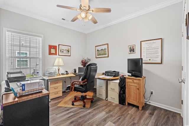 361 Rycola Cir, Myrtle Beach, SC 29575 - home office with wood finished floors, a ceiling fan, crown molding, and baseboards