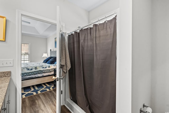 361 Rycola Cir, Myrtle Beach, SC 29575 - ensuite bathroom featuring wood finished floors, a shower with shower curtain, crown molding, and vanity
