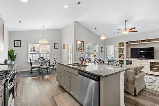 361 Rycola Cir, Myrtle Beach, SC 29575 - kitchen featuring stainless steel appliances, a sink, lofted ceiling, healthy amount of natural light, and gray cabinetry