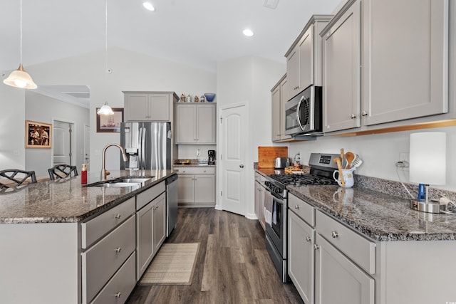 361 Rycola Cir, Myrtle Beach, SC 29575 - kitchen featuring stainless steel appliances, a sink, gray cabinetry, lofted ceiling, and dark wood-style floors
