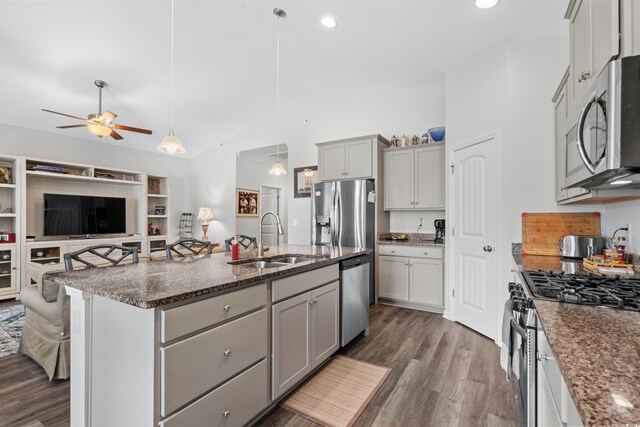 361 Rycola Cir, Myrtle Beach, SC 29575 - kitchen with a sink, stainless steel appliances, gray cabinets, open floor plan, and a ceiling fan