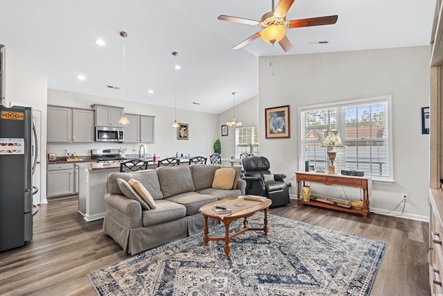361 Rycola Cir, Myrtle Beach, SC 29575 - living room with ceiling fan, wood finished floors, recessed lighting, a chandelier, and high vaulted ceiling