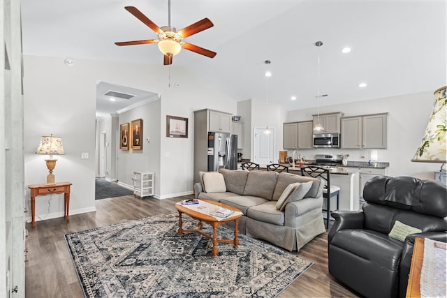 361 Rycola Cir, Myrtle Beach, SC 29575 - living room with vaulted ceiling, a ceiling fan, dark wood finished floors, baseboards, and recessed lighting