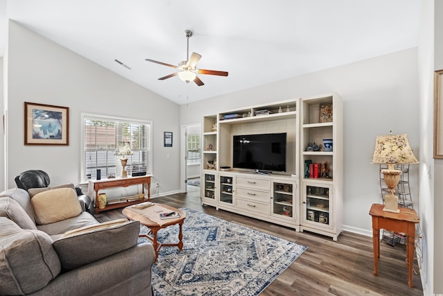 361 Rycola Cir, Myrtle Beach, SC 29575 - living room featuring ceiling fan, vaulted ceiling, wood finished floors, and baseboards