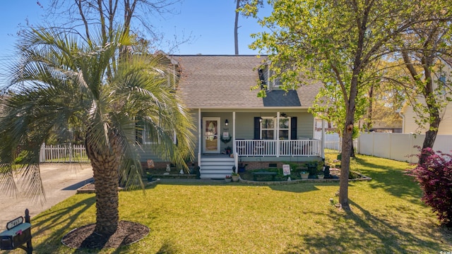 view of front of house featuring fence, roof with shingles, a porch, and a front yard
