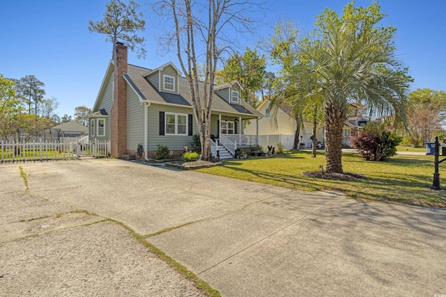 cape cod house with covered porch, fence, a chimney, and concrete driveway