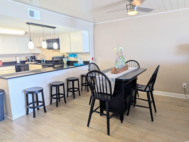 dining space featuring ceiling fan, light wood-type flooring, visible vents, wooden ceiling, and baseboards