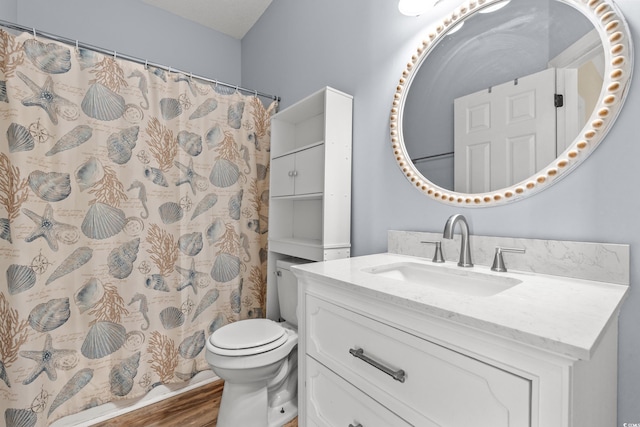 5022 Belleglen Ct Unit 202, Myrtle Beach, SC 29579 - bathroom with vanity, toilet, wood finished floors, and curtained shower