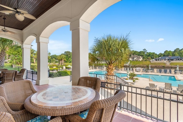 2180 Waterview Dr Unit 1024, North Myrtle Beach, SC 29582 - view of patio / terrace with a community pool, outdoor dining area, fence, and a ceiling fan