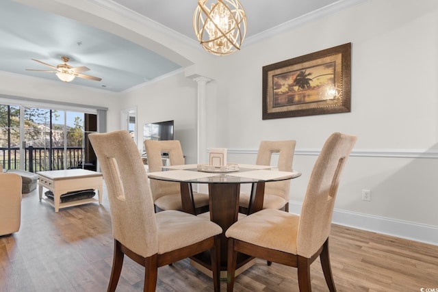 2180 Waterview Dr Unit 1024, North Myrtle Beach, SC 29582 - dining room with crown molding, decorative columns, baseboards, a ceiling fan, and wood finished floors