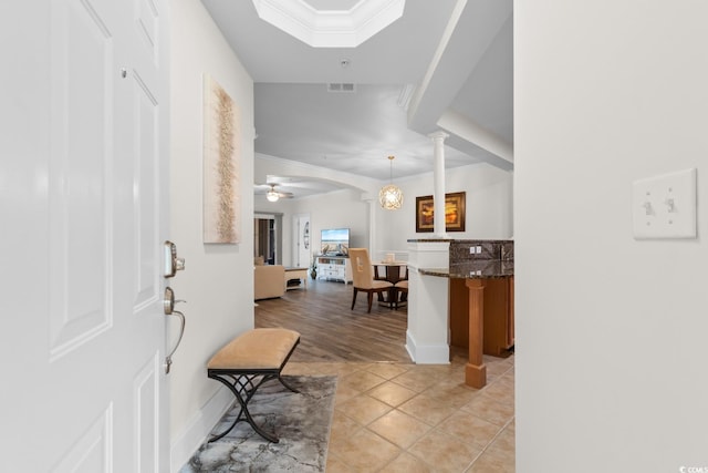 2180 Waterview Dr Unit 1024, North Myrtle Beach, SC 29582 - entrance foyer featuring visible vents, ornate columns, ceiling fan, ornamental molding, and light tile patterned floors