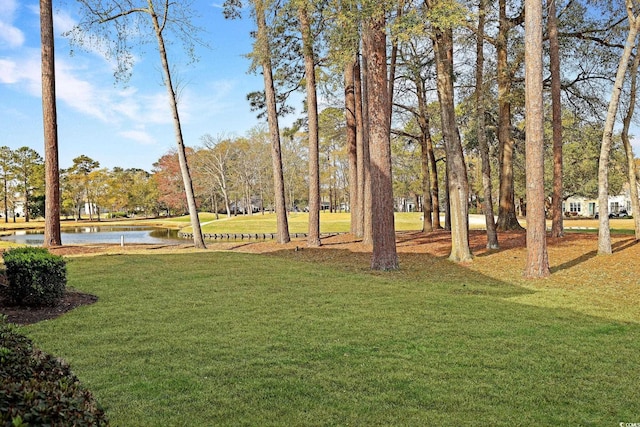 view of property's community featuring a lawn and a water view