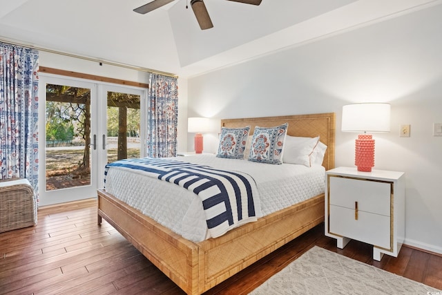 bedroom featuring ceiling fan, hardwood / wood-style flooring, french doors, access to exterior, and high vaulted ceiling