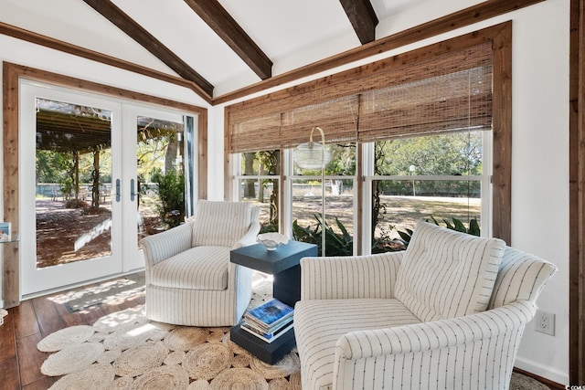 sunroom / solarium with french doors and beamed ceiling