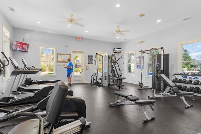 exercise room with a wealth of natural light, visible vents, ceiling fan, and recessed lighting