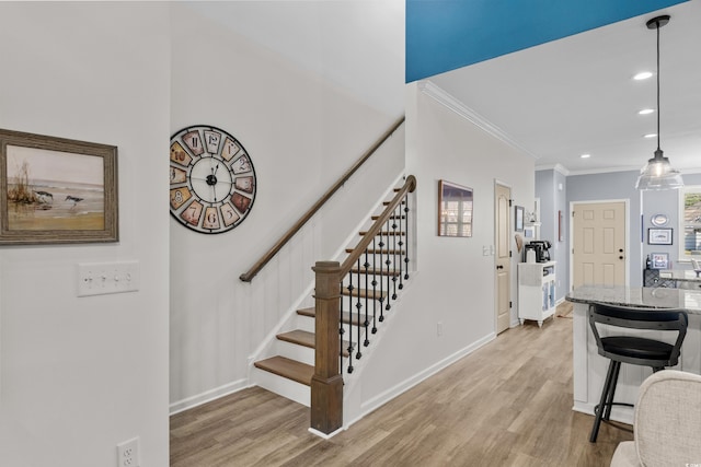 212 Machrie Loop Unit D, Myrtle Beach, SC 29588 - staircase featuring recessed lighting, crown molding, baseboards, and wood finished floors