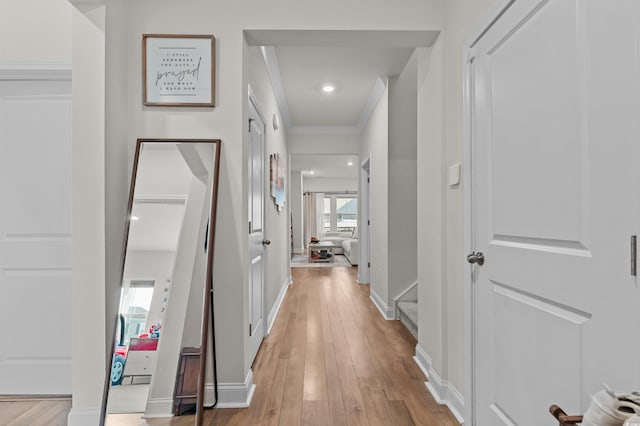 1176 Harbison Cir, Myrtle Beach, SC 29579 - hall with light wood finished floors, baseboards, and ornamental molding