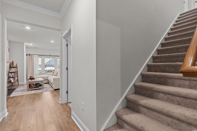 1176 Harbison Cir, Myrtle Beach, SC 29579 - stairway with baseboards, hardwood / wood-style flooring, and recessed lighting