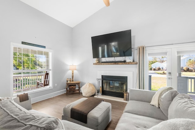 160 Shipmaster Ave, Pawleys Island, SC 29585 - living room with high vaulted ceiling, healthy amount of natural light, a glass covered fireplace, wood finished floors, and baseboards
