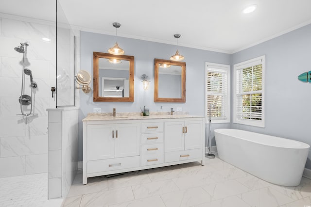 160 Shipmaster Ave, Pawleys Island, SC 29585 - bathroom with marble finish floors, walk in shower, double vanity, a soaking tub, and ornamental molding