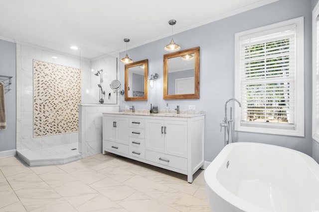160 Shipmaster Ave, Pawleys Island, SC 29585 - full bath with marble finish floors, walk in shower, double vanity, a soaking tub, and recessed lighting