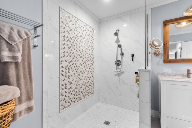 160 Shipmaster Ave, Pawleys Island, SC 29585 - bathroom with crown molding, a tile shower, and vanity