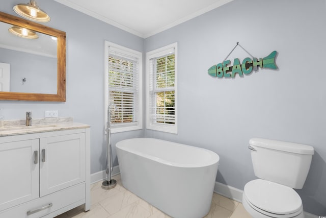 160 Shipmaster Ave, Pawleys Island, SC 29585 - bathroom with vanity, marble finish floors, a freestanding tub, crown molding, and baseboards