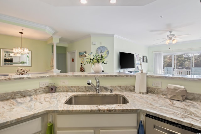 2180 Waterview Dr Unit 733, North Myrtle Beach, SC 29582 - kitchen featuring a sink, stainless steel dishwasher, ceiling fan, light stone countertops, and crown molding