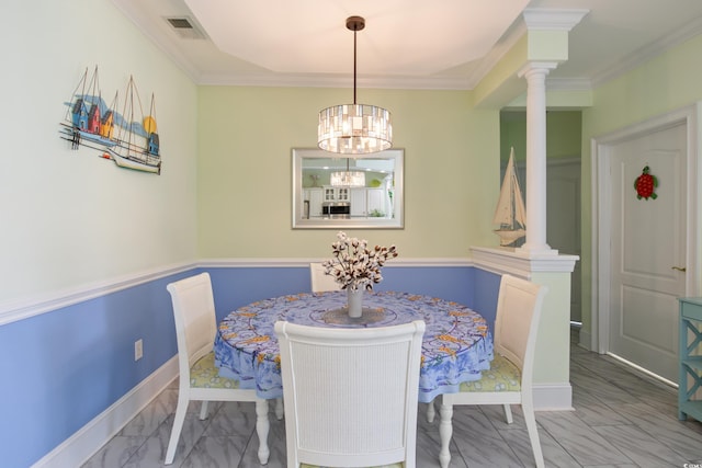 2180 Waterview Dr Unit 733, North Myrtle Beach, SC 29582 - dining space with marble look tiles, decorative columns, a chandelier, ornamental molding, and baseboards