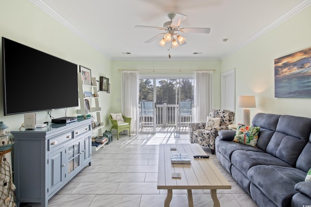 2180 Waterview Dr Unit 733, North Myrtle Beach, SC 29582 - living room featuring light marble finish floors, ceiling fan, and crown molding
