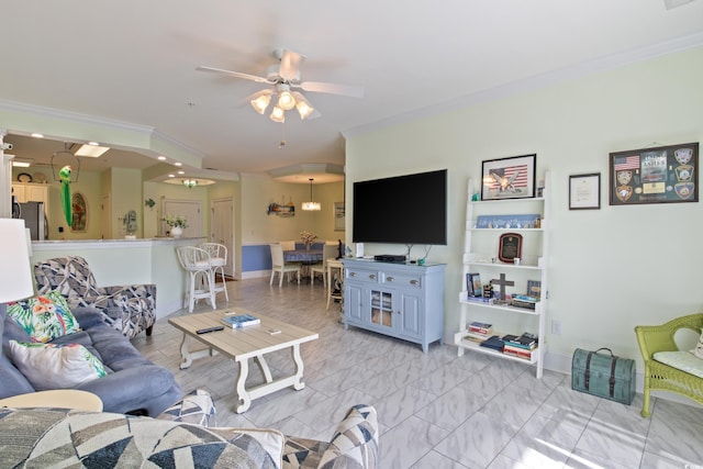 2180 Waterview Dr Unit 733, North Myrtle Beach, SC 29582 - living area with ornamental molding, ceiling fan, light marble finish floors, and baseboards