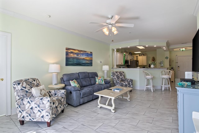 2180 Waterview Dr Unit 733, North Myrtle Beach, SC 29582 - living area featuring crown molding, ceiling fan, and light marble finish floors