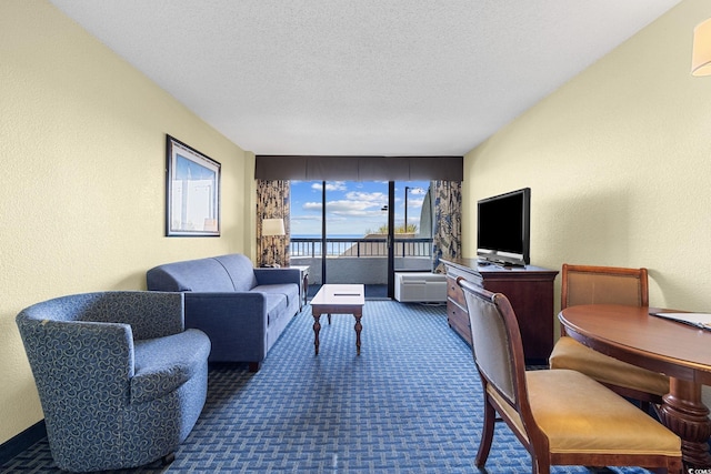 living area featuring a textured wall, carpet flooring, and a textured ceiling