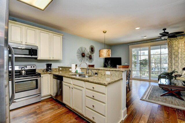 4850 Cantor Ct Unit 202, North Myrtle Beach, SC 29582 - kitchen featuring appliances with stainless steel finishes, a sink, a peninsula, hardwood / wood-style flooring, and hanging light fixtures