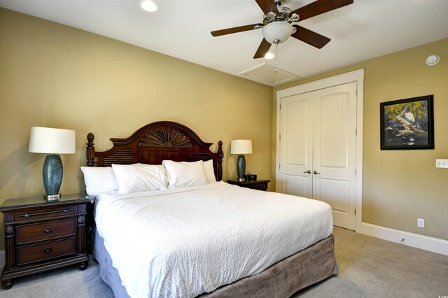 4850 Cantor Ct Unit 202, North Myrtle Beach, SC 29582 - bedroom with attic access, carpet, a closet, baseboards, and a ceiling fan