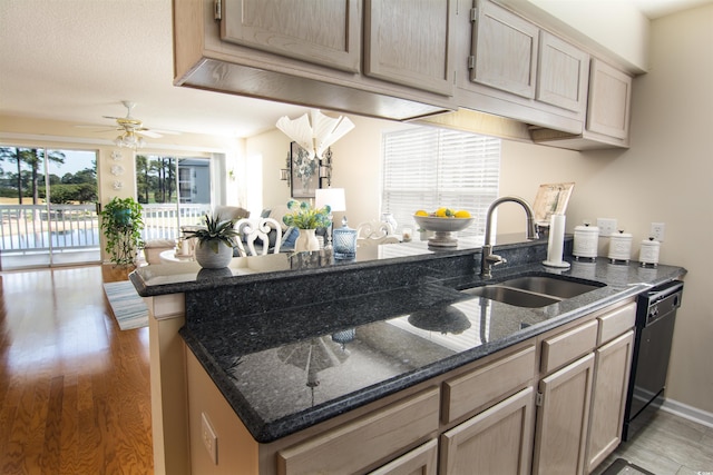 5030 Windsor Green Way Unit 203, Myrtle Beach, SC 29579 - kitchen with dark stone countertops, light wood-style floors, black dishwasher, a sink, and a ceiling fan