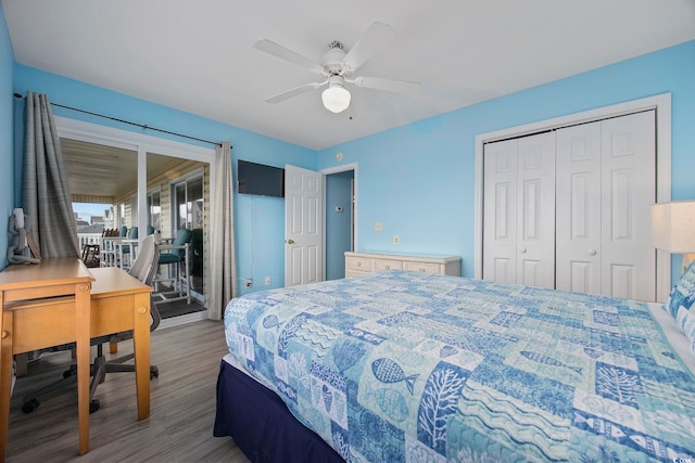 412 Seaside Dr S, Surfside Beach, SC 29575 - bedroom featuring wood finished floors, a closet, access to outside, ceiling fan, and a desk