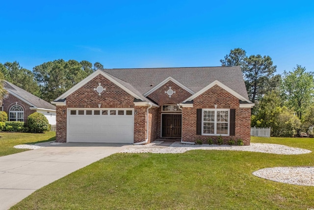 ranch-style house featuring brick siding, an attached garage, a front yard, and driveway