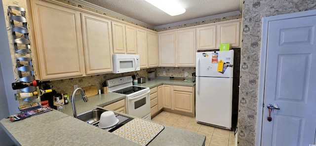 1100 Commons Blvd Unit 606, Myrtle Beach, SC 29572 - kitchen with white appliances, light tile patterned flooring, wallpapered walls, a textured ceiling, and light countertops