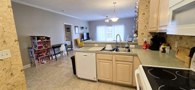 1100 Commons Blvd Unit 606, Myrtle Beach, SC 29572 - kitchen featuring white appliances, a peninsula, ornamental molding, light countertops, and light tile patterned floors