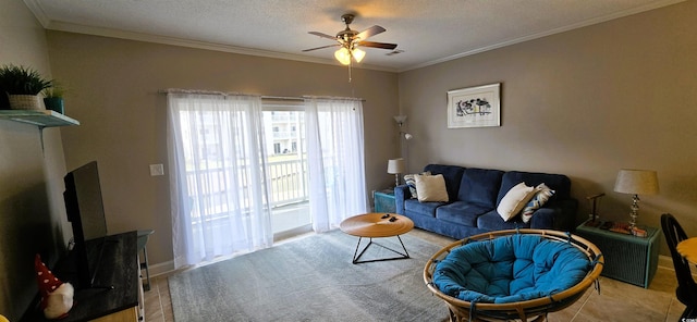 1100 Commons Blvd Unit 606, Myrtle Beach, SC 29572 - living area featuring a ceiling fan, ornamental molding, and a textured ceiling