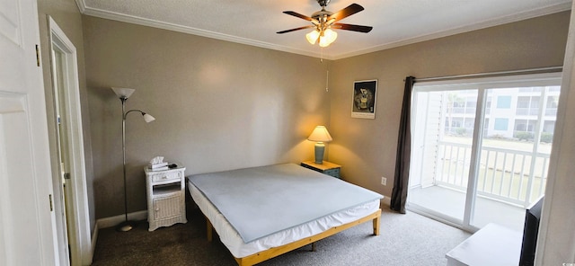 1100 Commons Blvd Unit 606, Myrtle Beach, SC 29572 - bedroom featuring access to exterior, carpet floors, crown molding, baseboards, and a ceiling fan