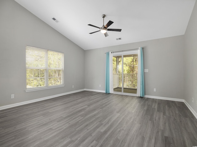 4854 Meadowsweet Dr Unit 1909, Myrtle Beach, SC 29579 - empty room featuring vaulted ceiling, ceiling fan, and dark wood-style flooring
