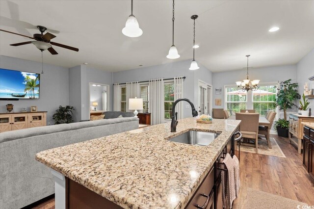 129 Astoria Park Loop, Conway, SC 29526 - kitchen with black microwave, gas range oven, freestanding refrigerator, dark brown cabinetry, and light wood-type flooring