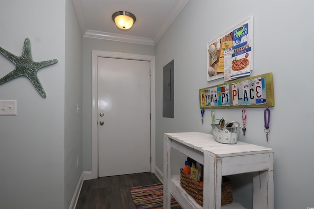 doorway with baseboards, ornamental molding, electric panel, and dark wood-style floors