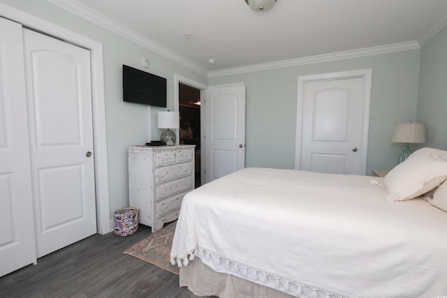 bedroom with dark wood-type flooring and ornamental molding