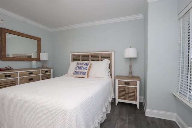 bedroom featuring crown molding, baseboards, and dark wood-type flooring