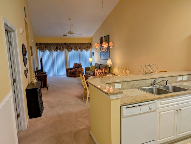 601 Hillside Dr N Unit 2245, North Myrtle Beach, SC 29582 - kitchen featuring dishwasher, a sink, light colored carpet, open floor plan, and a chandelier