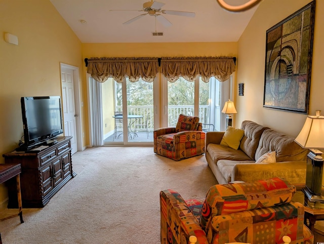 601 Hillside Dr N Unit 2245, North Myrtle Beach, SC 29582 - carpeted living area featuring vaulted ceiling and ceiling fan