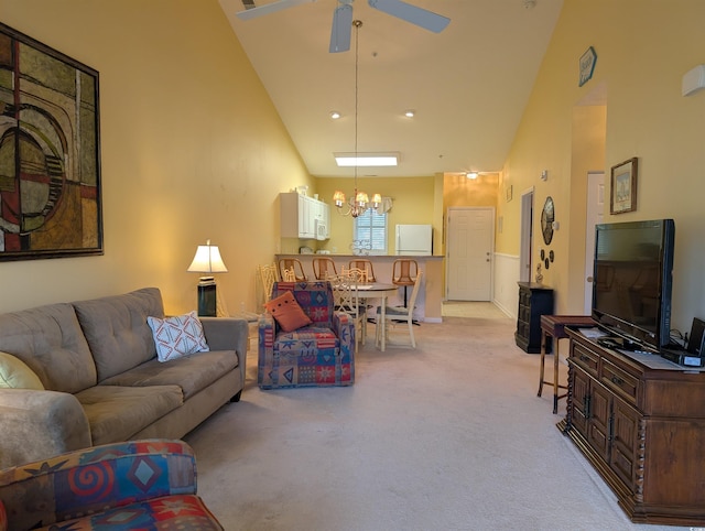 601 Hillside Dr N Unit 2245, North Myrtle Beach, SC 29582 - carpeted living area featuring high vaulted ceiling, a chandelier, and a ceiling fan